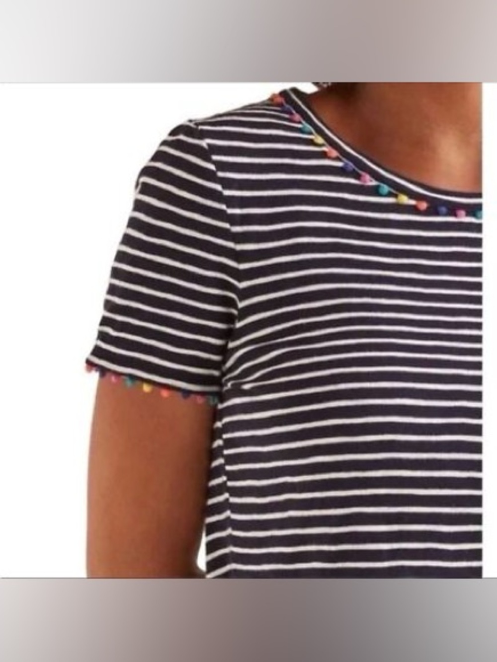 Boden Navy White Striped Pompom trim tee size medium